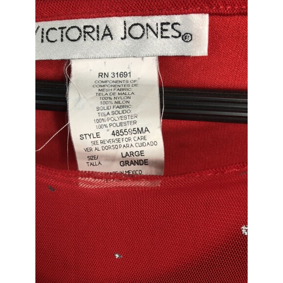 Victoria Jones Red Blouse Sheer Sleeve Sliver Sparkle Size Women’s Large - Picture 2 of 8